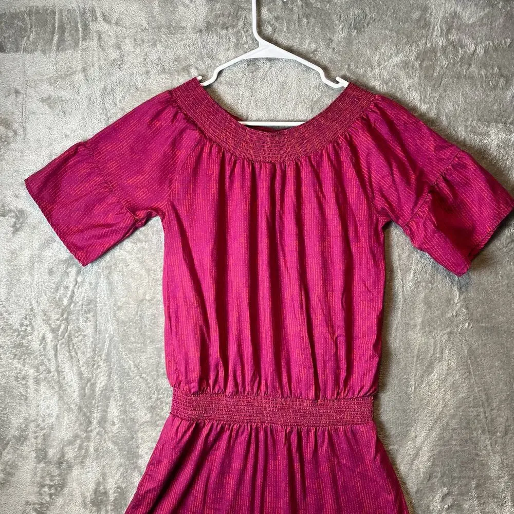 prAna Sz Small Lenora Off-Shoulder Drop Waist Dress Pink‎ & Purple Sprinkle